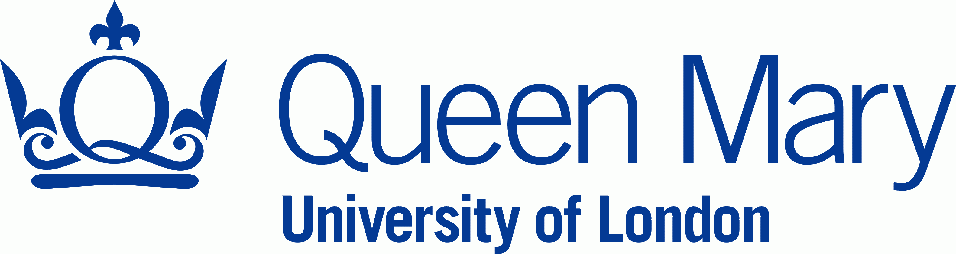 Full crest and text logo of Queen Mary, University of London. The logo with a stylised crown containing motives referencing the Lyon family and a central section shaped like the letter "Q". Both logo and text are rendered in turquoise blue